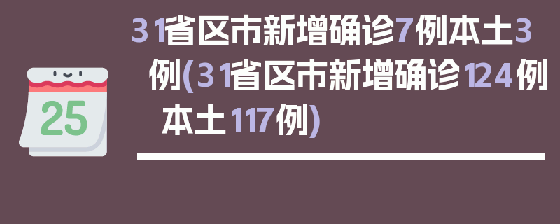 31省区市新增确诊7例本土3例(31省区市新增确诊124例 本土117例)