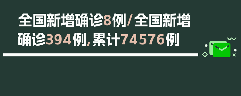 全国新增确诊8例/全国新增确诊394例,累计74576例