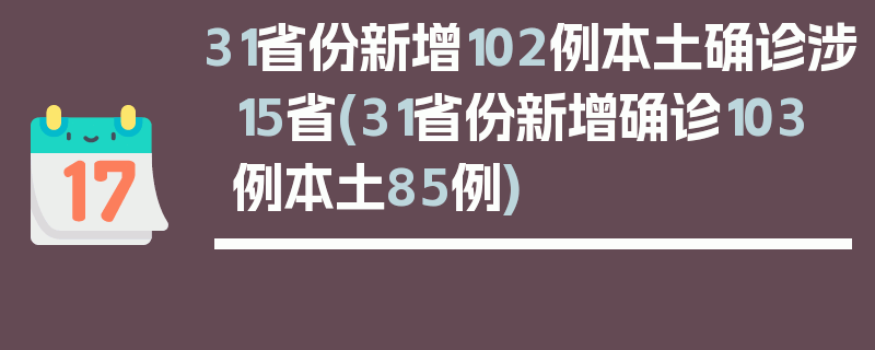 31省份新增102例本土确诊涉15省(31省份新增确诊103例本土85例)