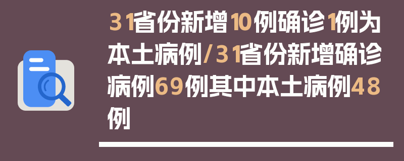 31省份新增10例确诊1例为本土病例/31省份新增确诊病例69例其中本土病例48例