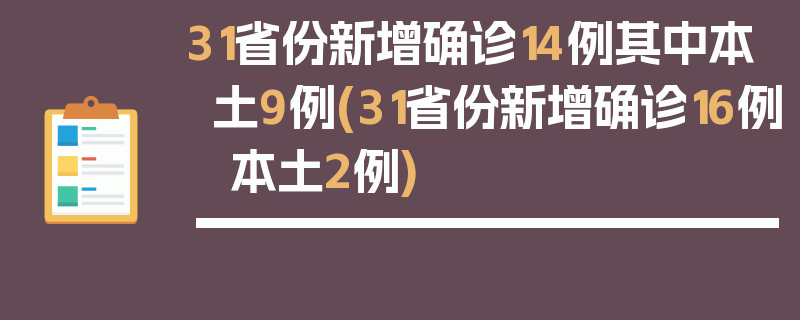 31省份新增确诊14例其中本土9例(31省份新增确诊16例 本土2例)