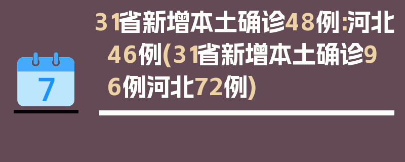 31省新增本土确诊48例:河北46例(31省新增本土确诊96例河北72例)