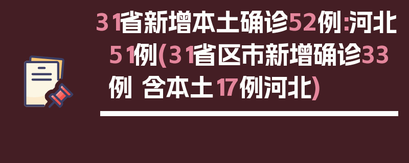 31省新增本土确诊52例:河北51例(31省区市新增确诊33例 含本土17例河北)